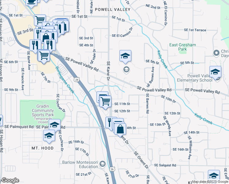 map of restaurants, bars, coffee shops, grocery stores, and more near 925 Southeast Kane Drive in Gresham