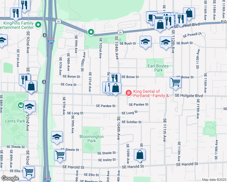 map of restaurants, bars, coffee shops, grocery stores, and more near 10325 Southeast Holgate Boulevard in Portland