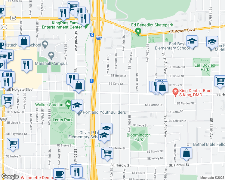 map of restaurants, bars, coffee shops, grocery stores, and more near 9745 Southeast Holgate Boulevard in Portland