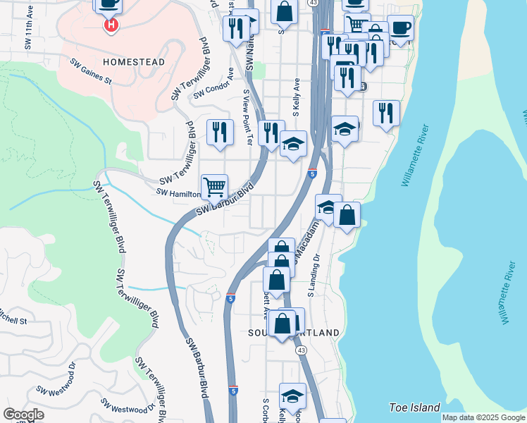 map of restaurants, bars, coffee shops, grocery stores, and more near in Portland