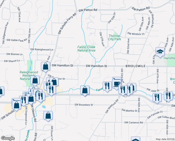 map of restaurants, bars, coffee shops, grocery stores, and more near 4540 Southwest 59th Avenue in Portland