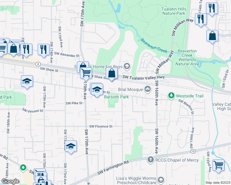 map of restaurants, bars, coffee shops, grocery stores, and more near 4065 Southwest 165th Avenue in Beaverton