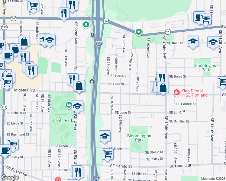 map of restaurants, bars, coffee shops, grocery stores, and more near 9745 Southeast Holgate Boulevard in Portland