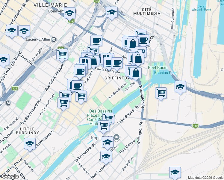 map of restaurants, bars, coffee shops, grocery stores, and more near 1485 Rue des Bassins in Montréal