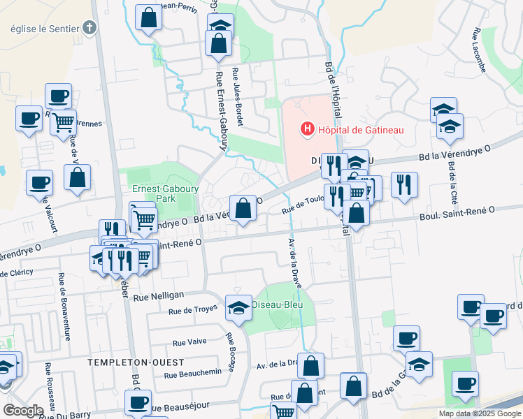 map of restaurants, bars, coffee shops, grocery stores, and more near 53 Rue de Toulouse in Gatineau