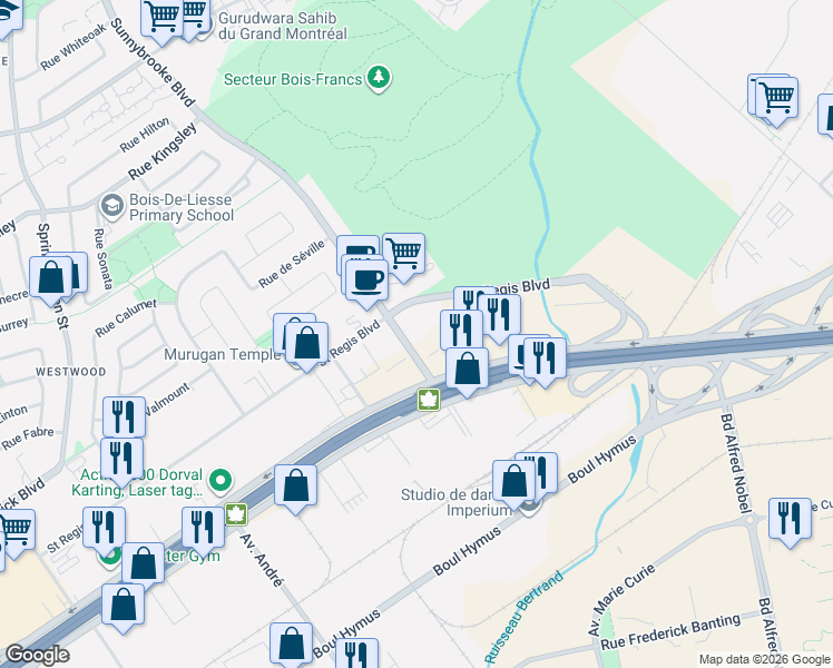 map of restaurants, bars, coffee shops, grocery stores, and more near 2985 Boulevard Sunnybrooke in Dorval