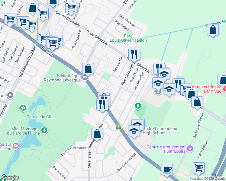 map of restaurants, bars, coffee shops, grocery stores, and more near 3093 Rue Charles-Lacoste in Longueuil