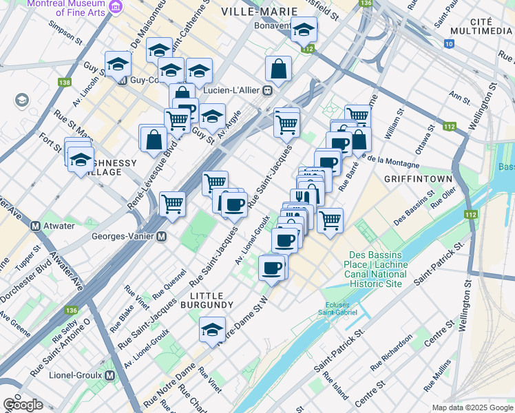 map of restaurants, bars, coffee shops, grocery stores, and more near 688 Rue Richmond in Montréal