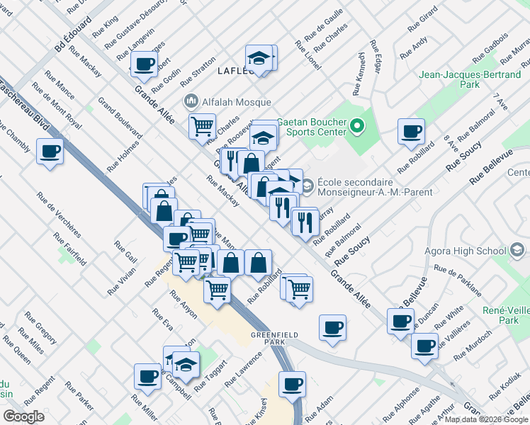 map of restaurants, bars, coffee shops, grocery stores, and more near 3852 Grande Allée in Longueuil