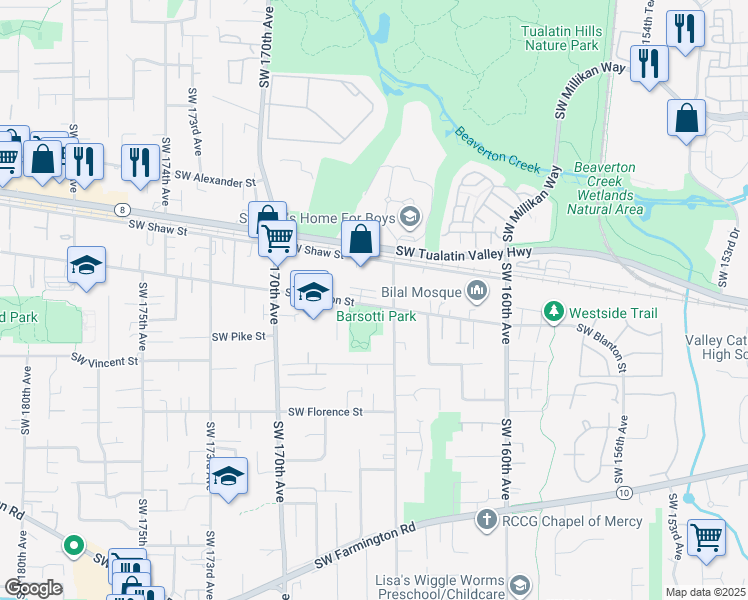 map of restaurants, bars, coffee shops, grocery stores, and more near 4065 Southwest 165th Avenue in Beaverton