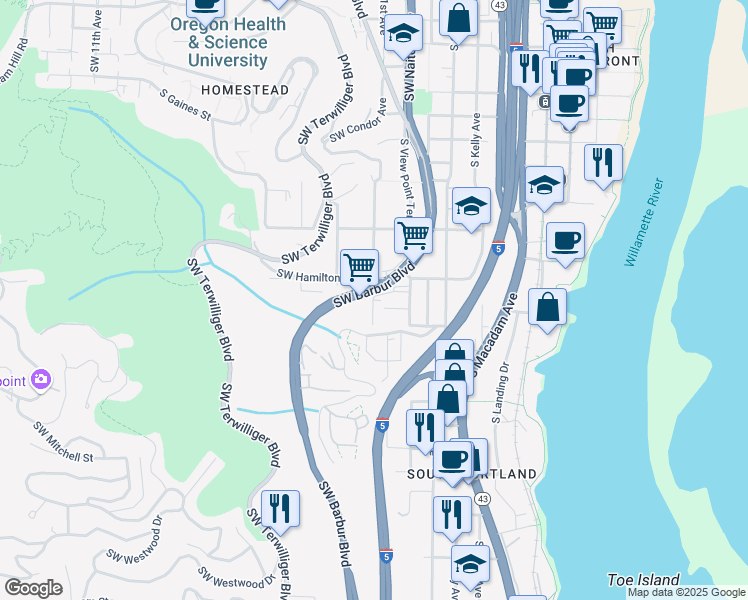 map of restaurants, bars, coffee shops, grocery stores, and more near 4526 Southwest Condor Avenue in Portland