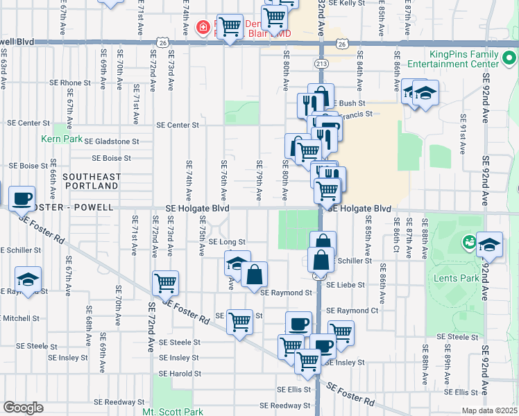 map of restaurants, bars, coffee shops, grocery stores, and more near Southeast Holgate Boulevard & Southeast 79th Avenue in Portland