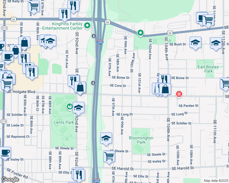 map of restaurants, bars, coffee shops, grocery stores, and more near 9809 Southeast Holgate Boulevard in Portland
