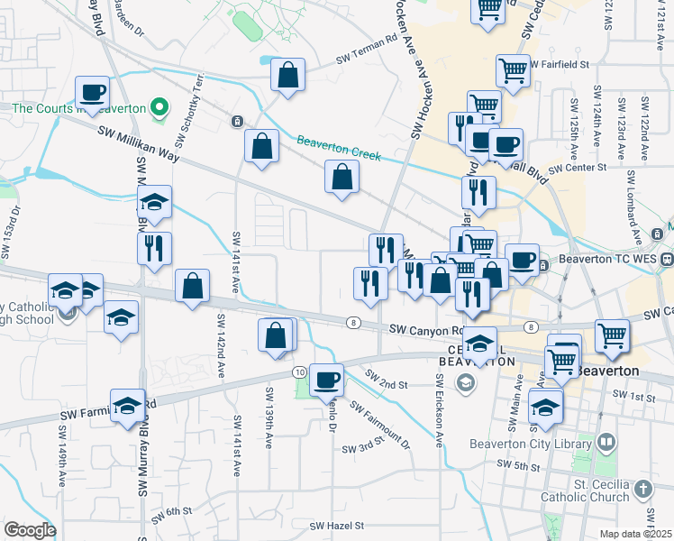 map of restaurants, bars, coffee shops, grocery stores, and more near 13590 Southwest Electric Street in Beaverton