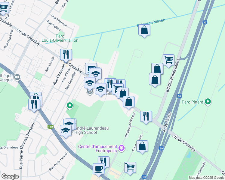 map of restaurants, bars, coffee shops, grocery stores, and more near 7570 Chemin de Chambly in Longueuil