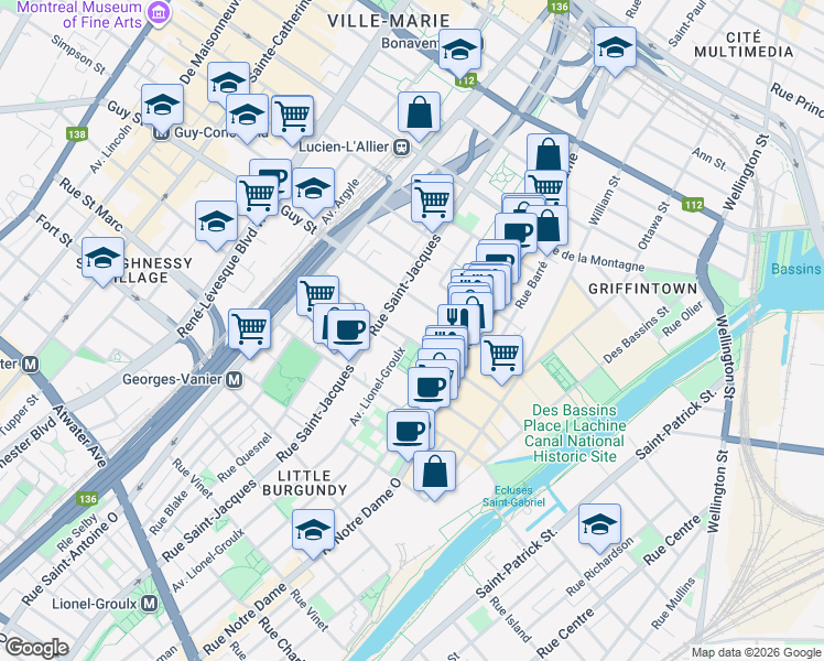 map of restaurants, bars, coffee shops, grocery stores, and more near 615 Rue Richmond in Montréal