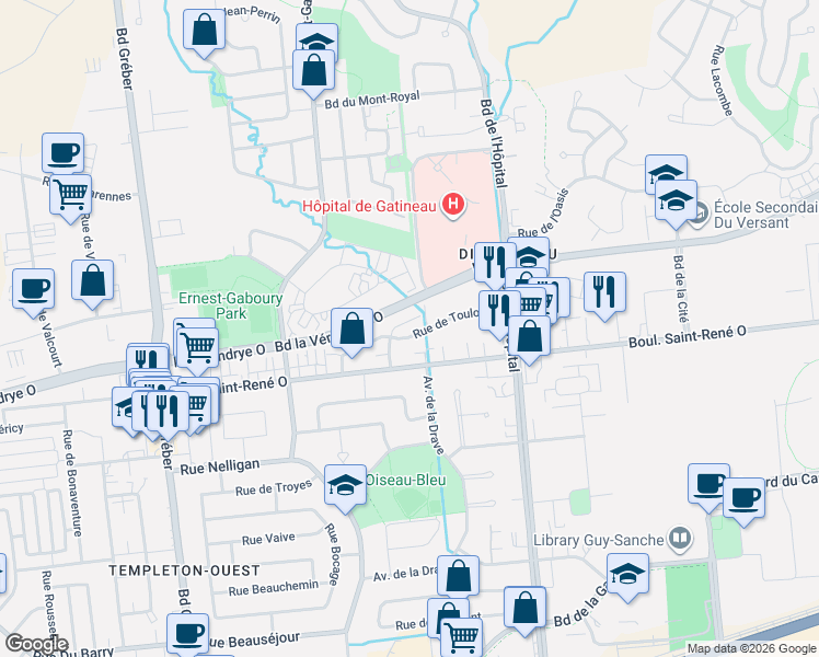 map of restaurants, bars, coffee shops, grocery stores, and more near 81 Rue de Toulouse in Gatineau