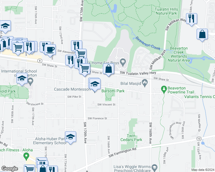 map of restaurants, bars, coffee shops, grocery stores, and more near 16653 Southwest Blanton Street in Aloha