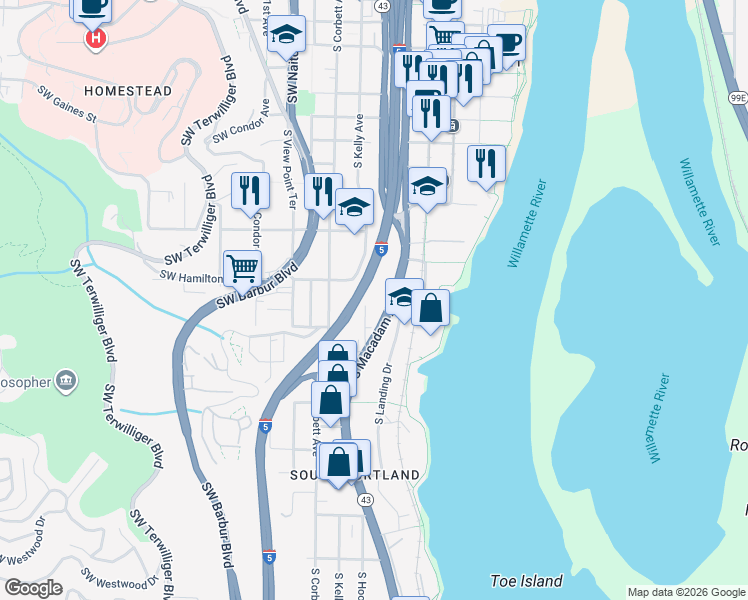 map of restaurants, bars, coffee shops, grocery stores, and more near 4530 South Kelly Avenue in Portland