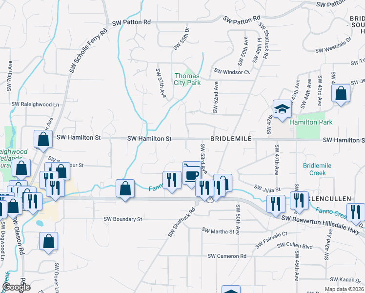 map of restaurants, bars, coffee shops, grocery stores, and more near 5440 Southwest Hamilton Street in Portland