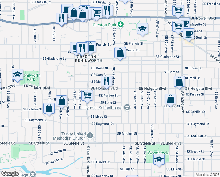 map of restaurants, bars, coffee shops, grocery stores, and more near SE Holgate Blvd & SE 41st Ave in Portland