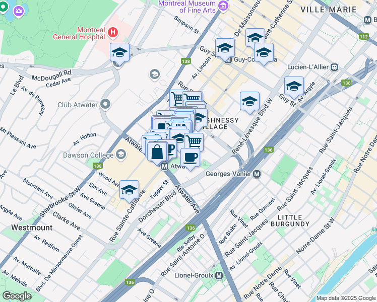map of restaurants, bars, coffee shops, grocery stores, and more near 2165 Rue Tupper in Montréal