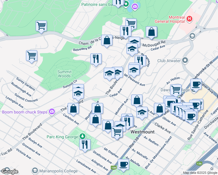 map of restaurants, bars, coffee shops, grocery stores, and more near 2 Place Braeside in Westmount