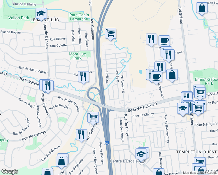 map of restaurants, bars, coffee shops, grocery stores, and more near 46 Avenue 5e Ouest in Gatineau