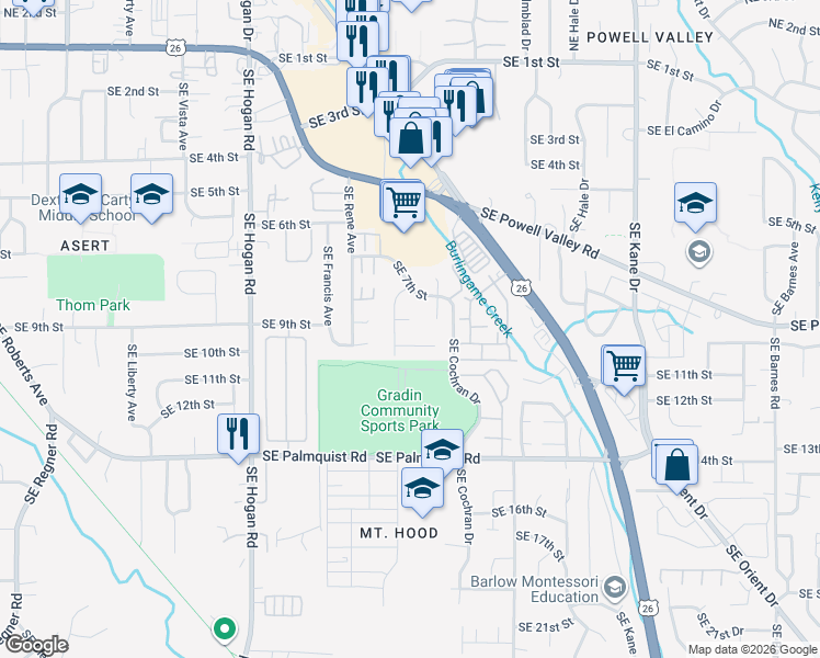 map of restaurants, bars, coffee shops, grocery stores, and more near 2422 Southeast 8th Court in Gresham