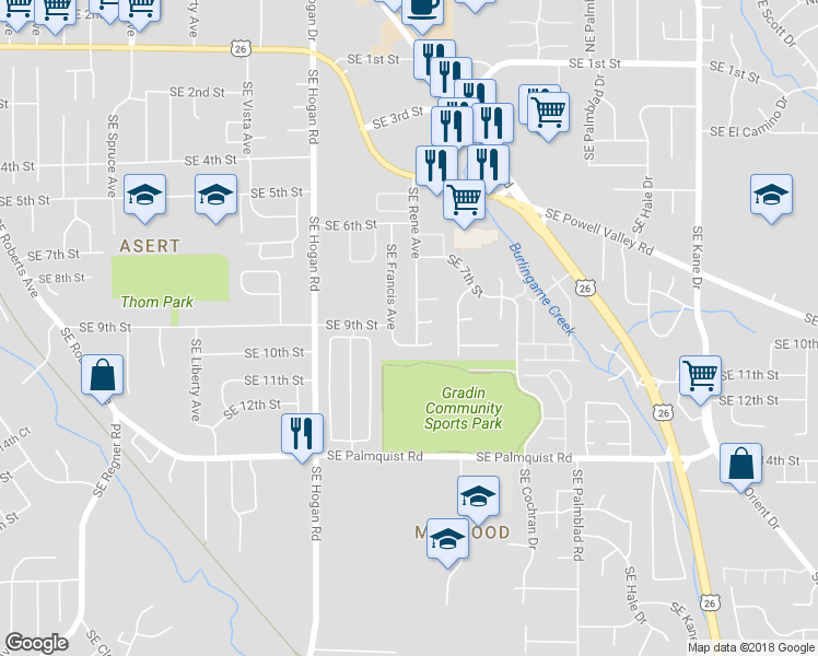 map of restaurants, bars, coffee shops, grocery stores, and more near 890 Southeast Francis Avenue in Gresham