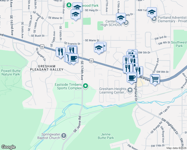 map of restaurants, bars, coffee shops, grocery stores, and more near 954 Southwest Junction Place in Gresham