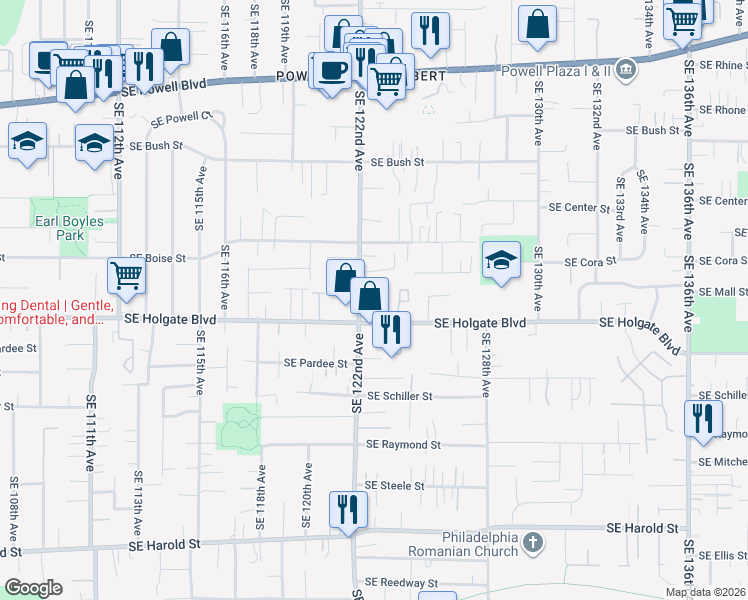 map of restaurants, bars, coffee shops, grocery stores, and more near 4300-4344 Southeast 122nd Avenue in Portland