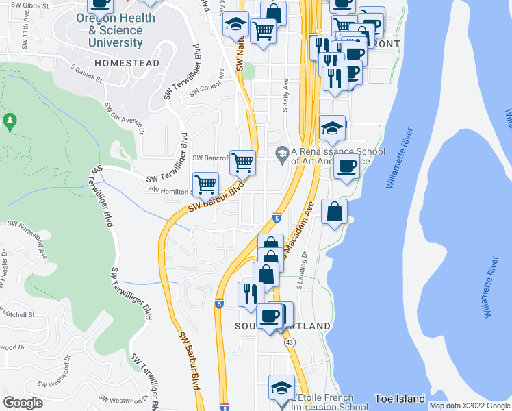 map of restaurants, bars, coffee shops, grocery stores, and more near in Portland