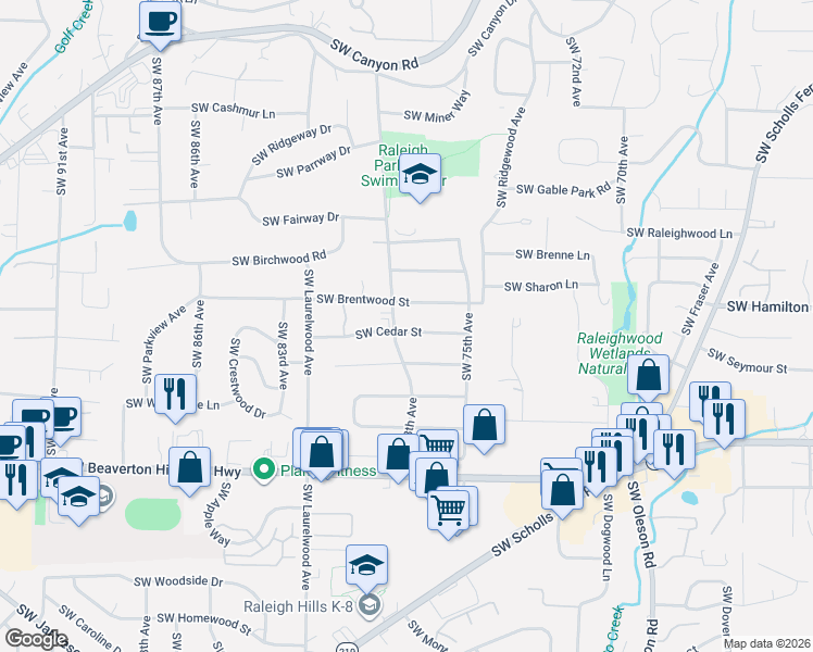 map of restaurants, bars, coffee shops, grocery stores, and more near 7785 Southwest Cedar Street in Portland