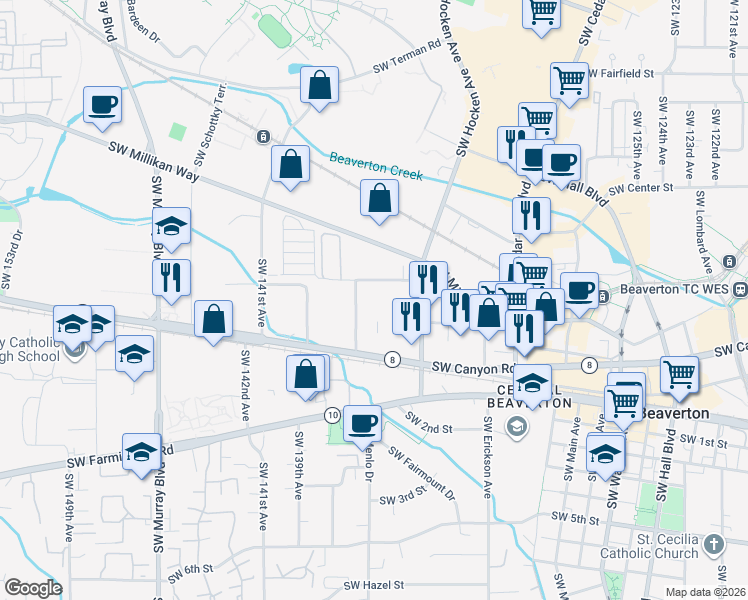 map of restaurants, bars, coffee shops, grocery stores, and more near 13590 Southwest Electric Street in Beaverton