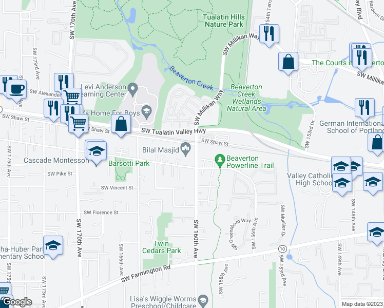map of restaurants, bars, coffee shops, grocery stores, and more near 4085 Southwest 160th Avenue in Beaverton