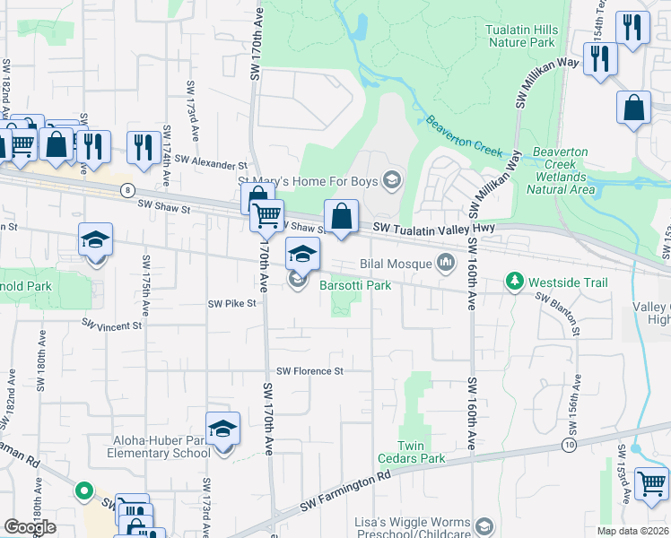 map of restaurants, bars, coffee shops, grocery stores, and more near 16646 Southwest Barsotti Street in Beaverton