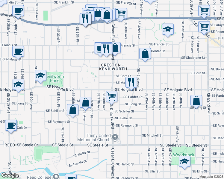 map of restaurants, bars, coffee shops, grocery stores, and more near SE Holgate Blvd & SE 39th Ave in Portland