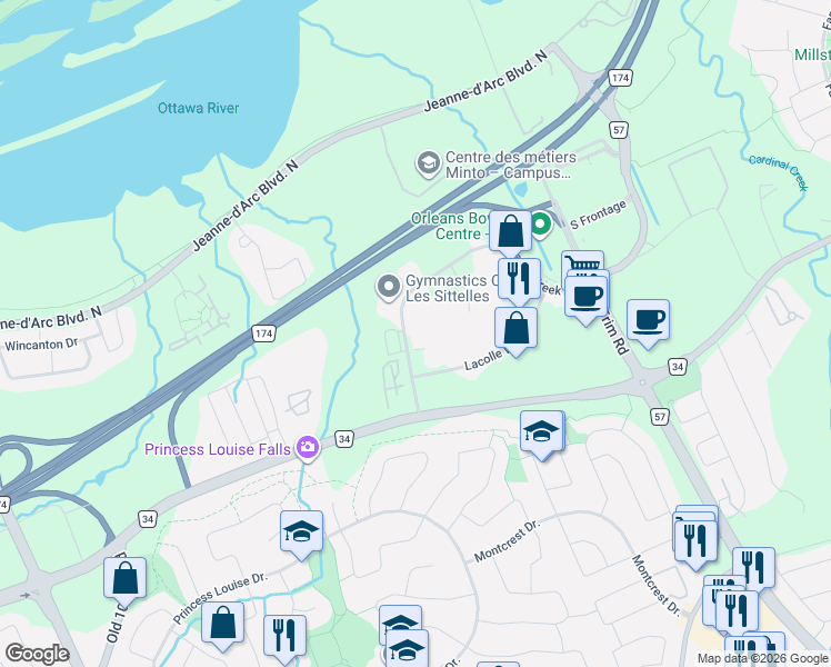 map of restaurants, bars, coffee shops, grocery stores, and more near 784 Taylor Creek Drive in Ottawa