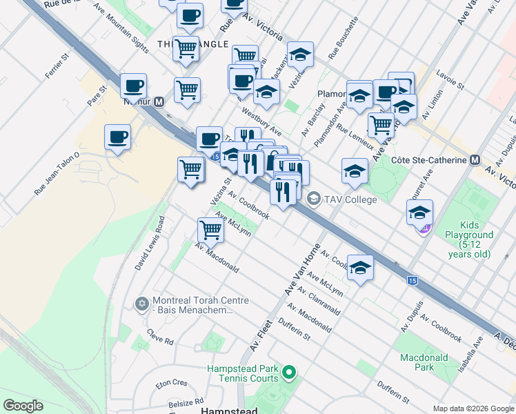 map of restaurants, bars, coffee shops, grocery stores, and more near 6557 Avenue Coolbrook in Montréal