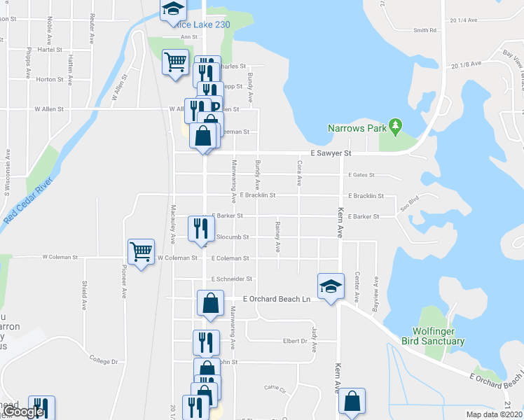 map of restaurants, bars, coffee shops, grocery stores, and more near 203 East Barker Street in Rice Lake