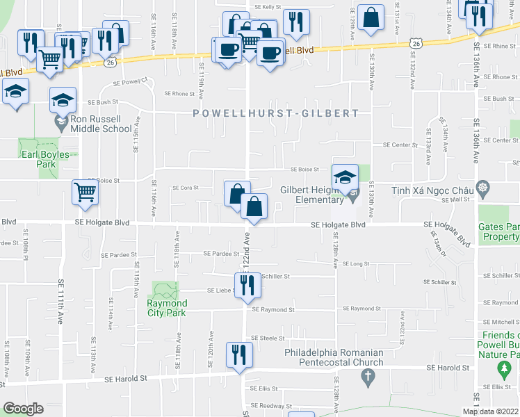 map of restaurants, bars, coffee shops, grocery stores, and more near 4300-4344 Southeast 122nd Avenue in Portland