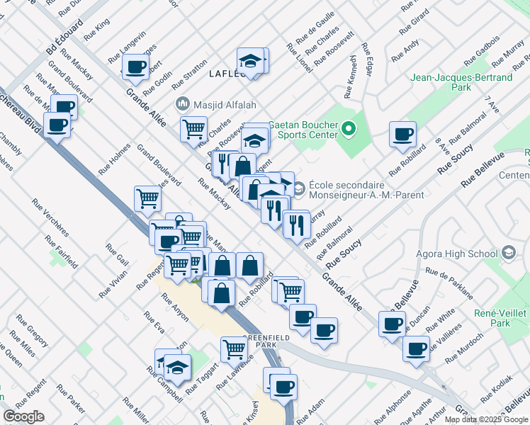 map of restaurants, bars, coffee shops, grocery stores, and more near 3855 Grande Allée in Longueuil