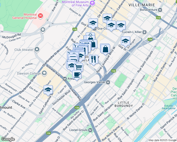 map of restaurants, bars, coffee shops, grocery stores, and more near in Montreal