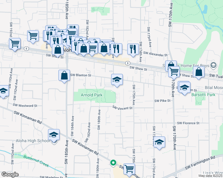 map of restaurants, bars, coffee shops, grocery stores, and more near 17770 Southwest Blanton Street in Beaverton