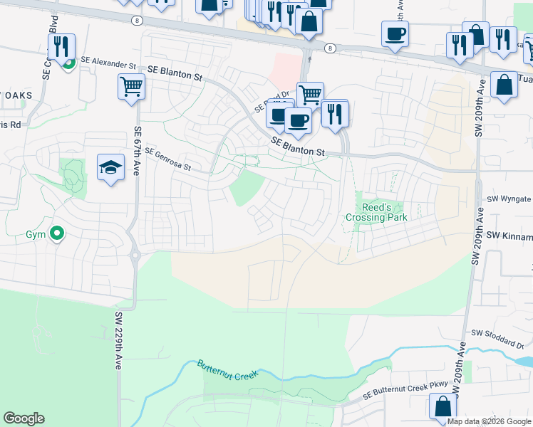 map of restaurants, bars, coffee shops, grocery stores, and more near 7539 Southeast Youngs Street in Hillsboro