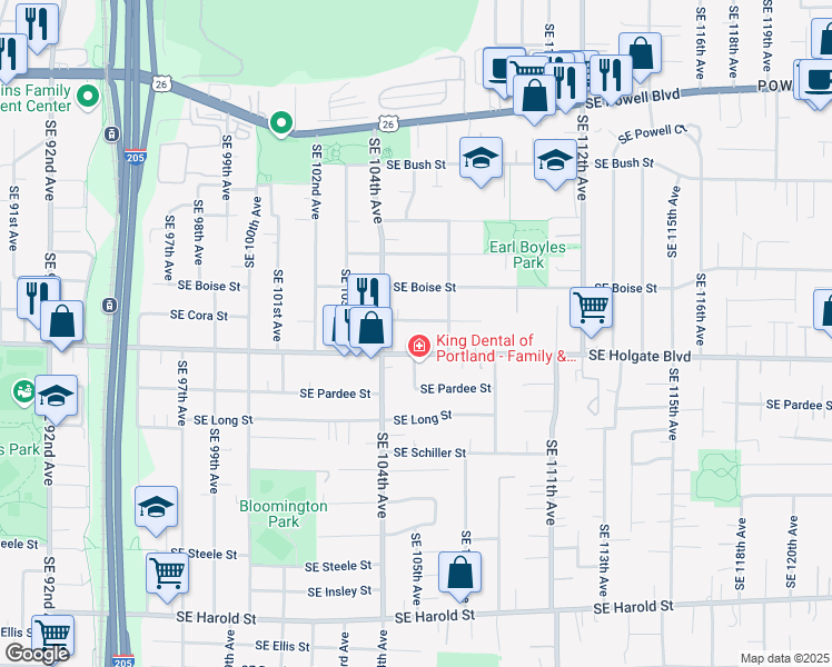 map of restaurants, bars, coffee shops, grocery stores, and more near 10505 Southeast Holgate Boulevard in Portland