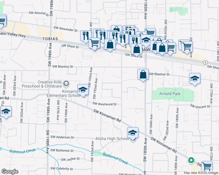 map of restaurants, bars, coffee shops, grocery stores, and more near 18967 Southwest Pike Lane in Beaverton