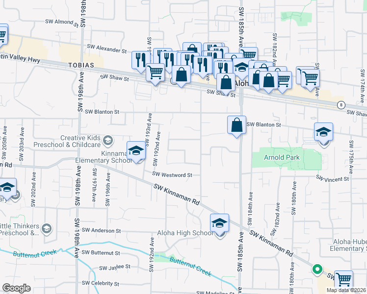 map of restaurants, bars, coffee shops, grocery stores, and more near 18967 Southwest Pike Lane in Beaverton