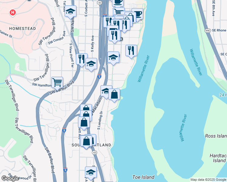 map of restaurants, bars, coffee shops, grocery stores, and more near 4386 South Macadam Avenue in Portland